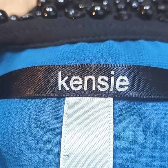 Kensie Sheer Dark Teal Buttondown Blouse with Black Beaded Collar, Size Large - Picture 7 of 9